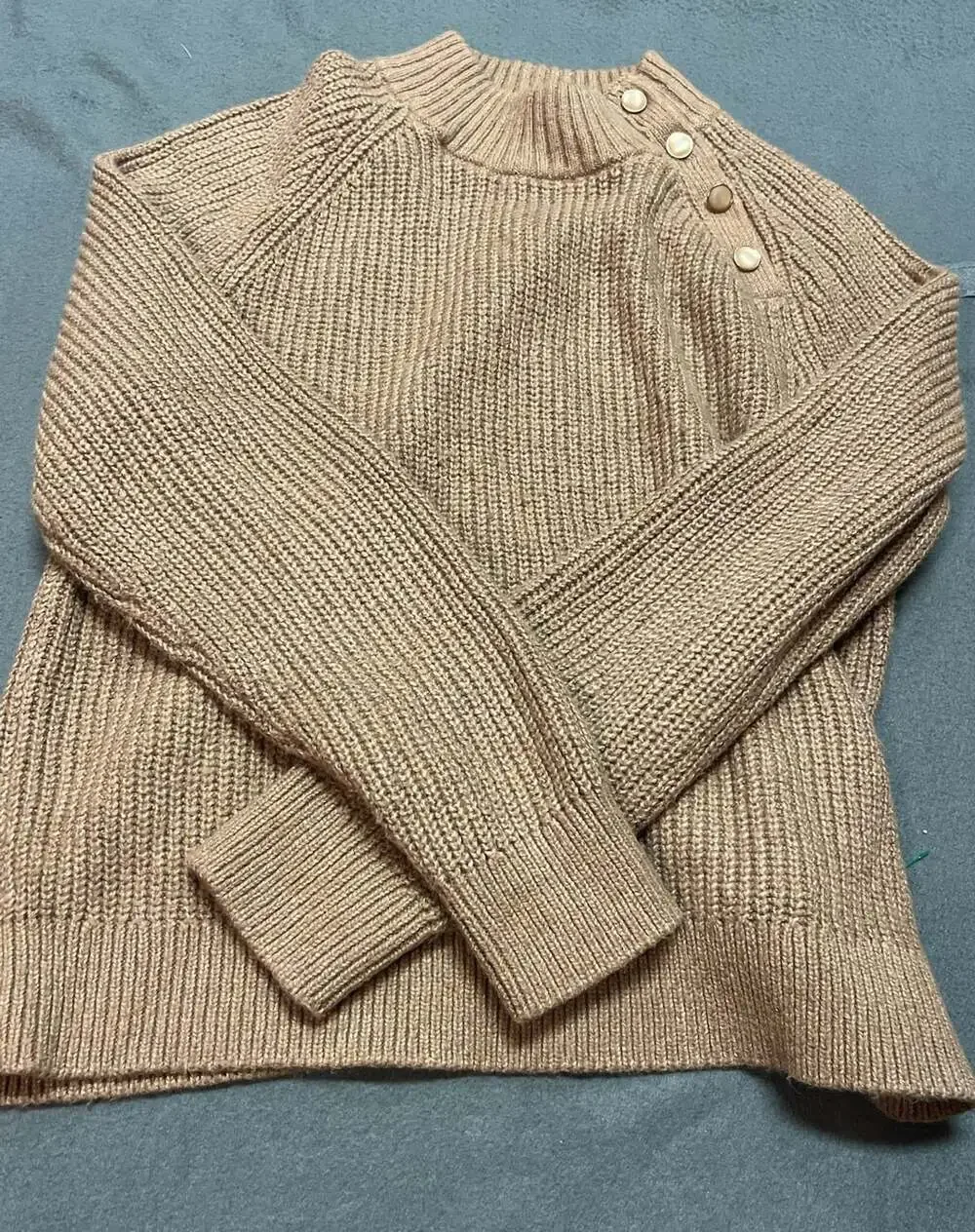 J.Crew Rib-Knit Mockneck Sweater Size M Tan Cotton Blend Button Shoulder